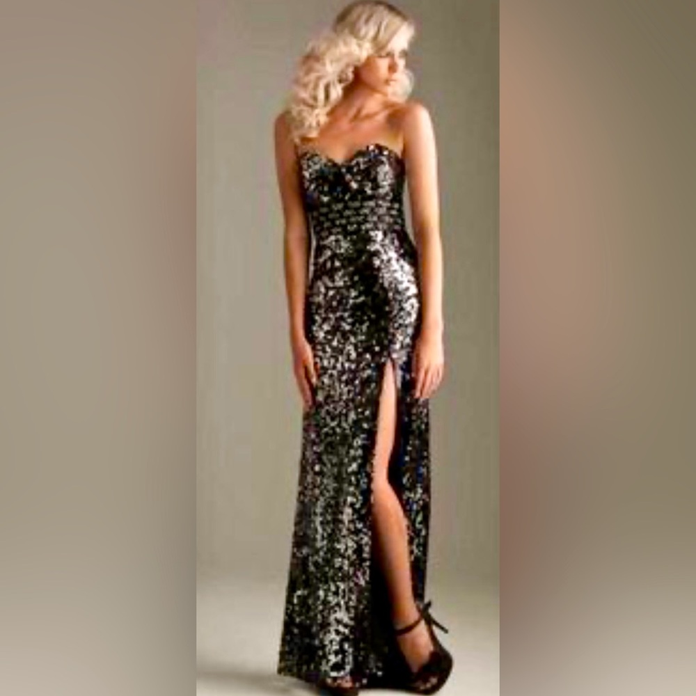 Night Moves #6239 Strapless Ombré Sequined & Jeweled Column Gown w Front Slit B2